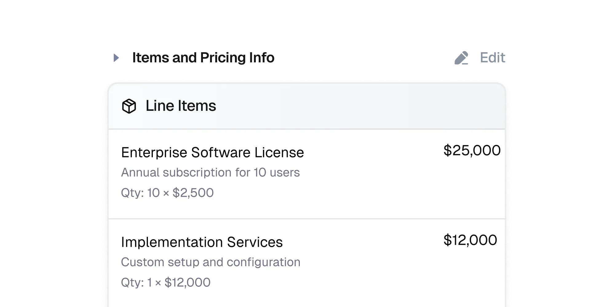 Quotation pricing summary with line items, tax, and total amount.